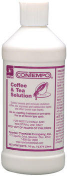 Contempo® Coffee & Tea Solution. 16 oz bottle. Clear Brown color. Mint scent. p.H. 7.5 - 8.5. 12/Case