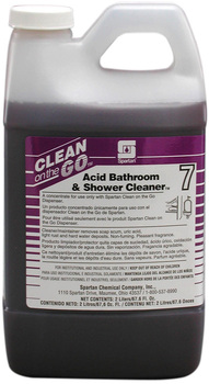 Acid Bathroom & Shower Cleaner 7.  Light to medium duty cleaner. Use on restroom and shower room surfaces. Use only with single Clean on the Go Dispenser.  2 Liters.