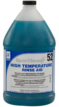 SparClean™ High Temperature Rinse Aid #52.  Ensures superior water sheeting and drying of dishware and utensils in high temperature dish machines.  1 Gallon.