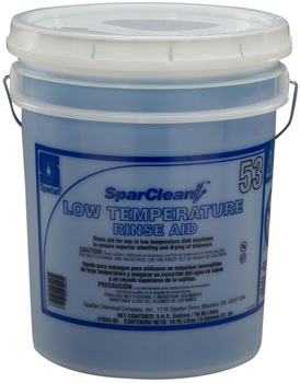 SparClean™ Low Temperature Rinse Aid #53.  Ensures superior water sheeting and drying of dishware and utensils in low temperature dish machines.  5 Gallons.