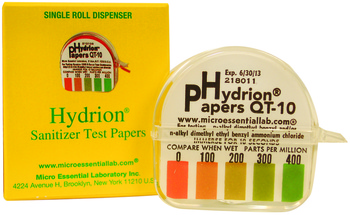 Disinfecting and Sanitation Tools.  Hydrion Paper QT-10.  Tests in-use parts per million of quaternaries.  0-400 ppm roll for sanitizers.