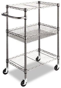 Alera® Three-Tier Wire Cart with Basket Metal, 2 Shelves, 1 Bin, 500 lb Capacity, 28" x 16" 39", Black Anthracite