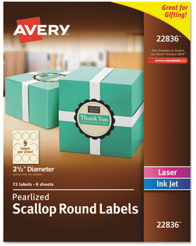 Avery® Round Print-to-the-Edge Labels with Sure Feed® Print-to-the Edge w/Scalloped 2 1/2" dia, Pearl Ivory, 72/PK