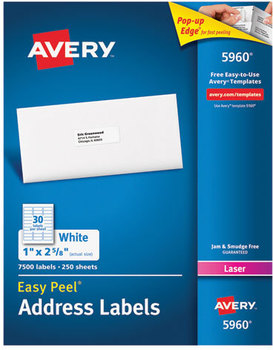 Avery® Easy Peel® White Address Labels with Sure Feed® Technology w/ Laser Printers, 1 x 2.63, 30/Sheet, 250 Sheets/Pack