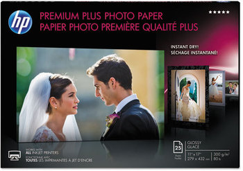 HP Premium Plus Photo Paper,  75 lbs., Glossy, 11 x 17, 25 Sheets/Pack