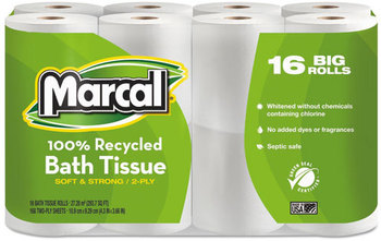Marcal® 100% Recycled Two-Ply Bathroom Tissue,  White, 16 Rolls/Pack