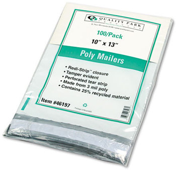 Quality Park™ Redi-Strip™ Poly Mailer,  Side Seam, 10 x 13, White, 100/Box