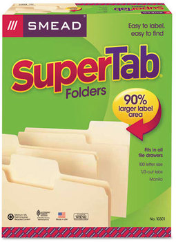 Smead™ SuperTab® Top Tab File Folders 1/3-Cut Tabs: Assorted, Letter Size, 0.75" Expansion, 11-pt Manila, 100/Box