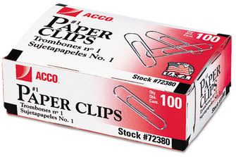 ACCO Paper Clips #1, Smooth, Silver, 100 Clips/Box, 10 Boxes/Pack