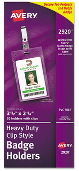 Avery® Heavy-Duty Secure Top™ Name Badge Holders,  Vertical, 2 1/4 x 3 1/2, Clear, 50/Box