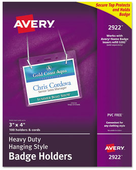 Avery® Heavy-Duty Secure Top™ Name Badge Holders Hanging-Style Horizontal, 4w x 3h, Clear, 100/Box