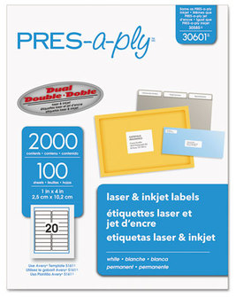 PRES-a-ply® Labels Laser Printers, 1 x 4, White, 20/Sheet, 100 Sheets/Box