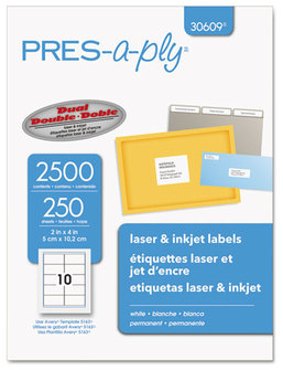 PRES-a-ply® Labels Laser Printers, 2 x 4, White, 10/Sheet, 250 Sheets/Box