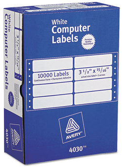 Avery® Dot Matrix Printer Mailing Labels Pin-Fed Printers, 0.94 x 3.5, White, 10,000/Box