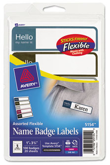 Avery® Flexible Self-Adhesive Mini Name Badge Labels 1 x 3.75, Hello, Assorted, 100/Pack