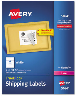 Avery® Shipping Labels with TrueBlock® Technology w/ Laser Printers, 3.33 x 4, White, 6/Sheet, 100 Sheets/Box