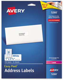 Avery® Easy Peel® White Address Labels with Sure Feed® Technology w/ Laser Printers, 1 x 2.63, 30/Sheet, 25 Sheets/Pack