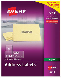 Avery® Copier Mailing Labels Copiers, 1 x 2.81, Clear, 33/Sheet, 70 Sheets/Pack