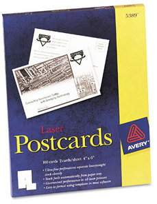 Avery® Printable Postcards Laser, 80 lb, 4 x 6, Uncoated White, 100 Cards, 2/Cards/Sheet, 50 Sheets/Box