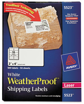 Avery® Waterproof Mailing Labels with TrueBlock® Technology Shipping and Sure Feed, Laser Printers, 2 x 4, White, 10/Sheet, 50 Sheets/Pack