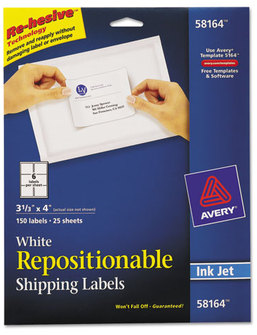 Avery® Repositionable Labels with Sure Feed® Technology Shipping w/SureFeed, Inkjet, 3.33 x 4, White, 150/Box