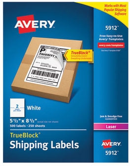 Avery® Shipping Labels with TrueBlock® Technology w/ Laser Printers, 5.5 x 8.5, White, 2/Sheet, 250 Sheets/Box