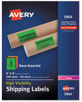 Avery® High-Visibility ID Labels Permanent Laser 2 x 4, Neon Assorted, 1000/Box