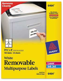 Avery® Removable Multi-Use Labels Inkjet/Laser Printers, 3.33 x 4, White, 6/Sheet, 25 Sheets/Pack