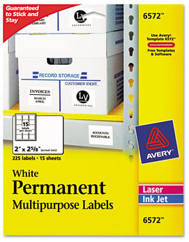 Avery® Permanent ID Labels with Sure Feed® Technology w/ Inkjet/Laser Printers, 2 x 2.63, White, 15/Sheet, 15 Sheets/Pack