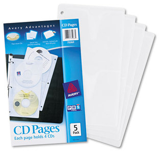 Avery® CD Organizer Sheets for Three-Ring Binders Two-Sided Binder, 4 Disc Capacity, Clear, 5/Pack