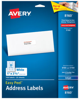 Avery® Easy Peel® White Address Labels with Sure Feed® Technology w/ Inkjet Printers, 1 x 2.63, 30/Sheet, 25 Sheets/Pack