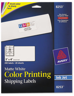 Avery® Vibrant Color Printing Mailing Labels Inkjet Color-Print w/ Sure Feed, 2 x 4, Matte White, 200/PK