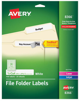 Avery® Permanent TrueBlock® File Folder Labels with Sure Feed® Technology 0.66 x 3.44, White, 30/Sheet, 25 Sheets/Pack