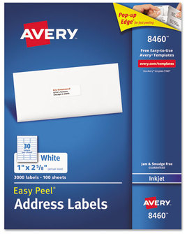 Avery® Easy Peel® White Address Labels with Sure Feed® Technology w/ Inkjet Printers, 1 x 2.63, 30/Sheet, 100 Sheets/Box