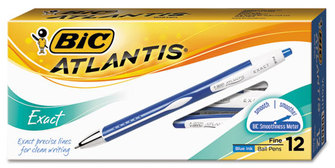 BIC® Atlantis® Exact Retractable Ballpoint Pen,  Blue Ink, .7mm, Fine, Dozen
