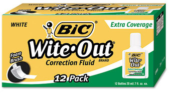 BIC® Wite-Out® Brand Extra Coverage Correction Fluid,  20 ml Bottle, White, 1/Dozen