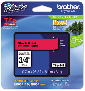 Brother P-Touch® TZe Series Standard Adhesive Laminated Labeling Tape,  3/4w, Black on Red