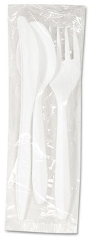 Boardwalk® Mediumweight Polystyrene Three-Piece Cutlery Kits with Fork, Knife, and Teaspoon. White. 250 kits/carton.