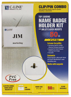 C-Line® Name Badge Kits,  Top Load, 4 x 3, Clear, Combo Clip/Pin, 50/Box