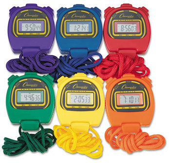 Champion Sports Stopwatch Set,  1/100 Second, Assorted Colors, 6/Set