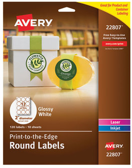 Avery® Round Print-to-the-Edge Labels with Sure Feed® Print-to-the Edge and Easy Peel, 2" dia, Glossy White, 120/PK