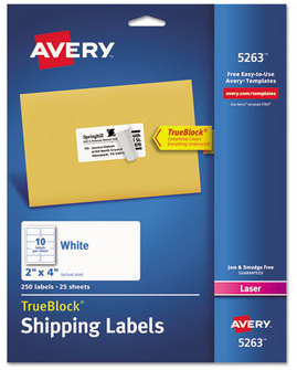 Avery® Shipping Labels with TrueBlock® Technology w/ Laser Printers, 2 x 4, White, 10/Sheet, 25 Sheets/Pack