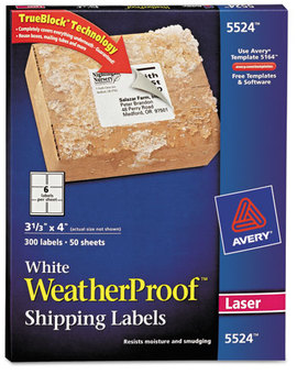 Avery® Waterproof Mailing Labels with TrueBlock® Technology Shipping and Sure Feed, Laser Printers, 3.33 x 4, White, 6/Sheet, 50 Sheets/Pack