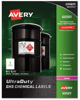 Avery® UltraDuty® GHS Chemical Waterproof & UV Resistant Labels and 8.5 x 11, White, 50/Box