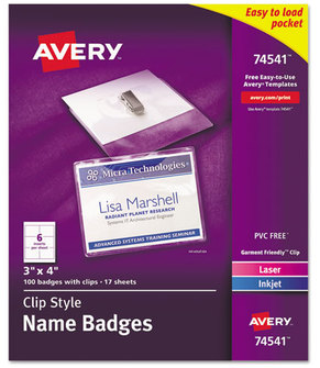 Avery® Name Badge Holder Kits with Inserts Clip-Style Laser/Inkjet Insert, Top Load, 4 x 3, White, 100/Box