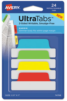 Avery® Ultra Tabs® Repositionable Margin Tabs: 2.5" x 1", 1/5-Cut, Assorted Colors, 24/Pack