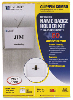 C-Line® Name Badge Kits,  Top Load, 3 1/2 x 2 1/4, Clear, Combo Clip/Pin, 50/Box