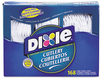 Dixie® Combo Pack,  Tray/White Plastic Utensils, 56 Forks, 56 Knives, 56 Spoons, 6 Packs/Case