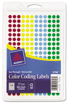 Avery® Handwrite-Only Self-Adhesive "See Through" Removable Round Color Dots 0.25" dia, Assorted, 216/Sheet, 4 Sheets/Pack, (5796)
