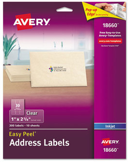 Avery® Matte Clear Easy Peel® Mailing Labels with Sure Feed® Technology w/ Inkjet Printers, 1 x 2.63, 30/Sheet, 10 Sheets/Pack